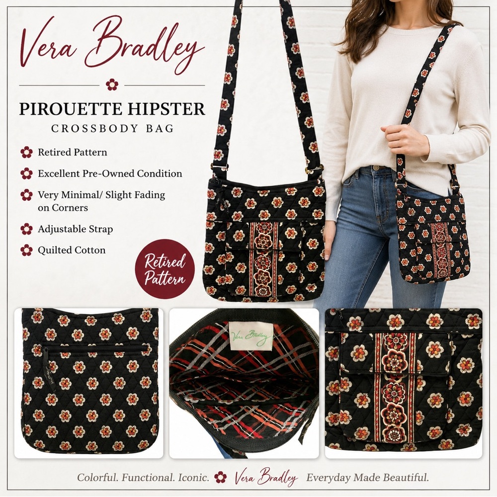 Vera Bradley Black Pirouette Hipster Crossbody Bag Retired Pattern